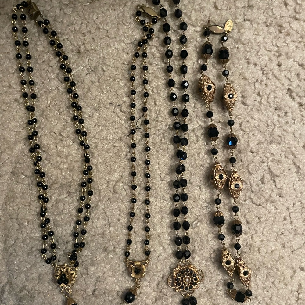 Elegant vintage handmade Black and Gold Beaded Necklaces bundle